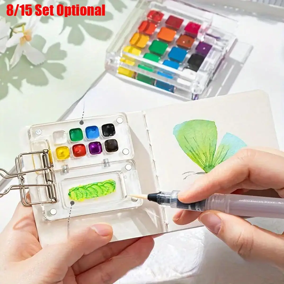 Travel-Friendly Watercolor Palette Art Set - 9pcs Kit Including 8/15 Grid Transparent Acrylic Magnetic Box, 6 Brushes, Clip and Portable Sketchbook for Artists