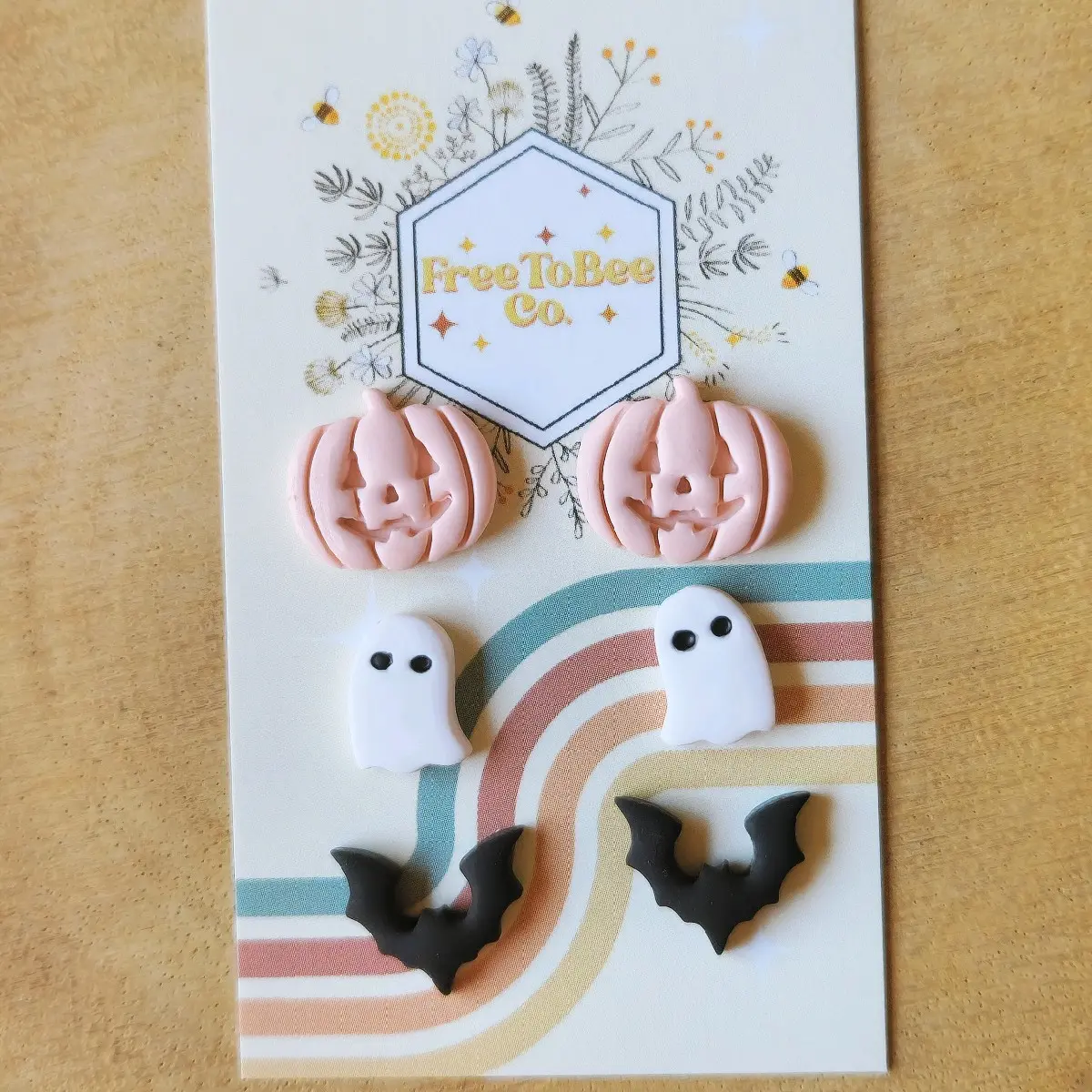 Spooky Stud pack | Pink Jack O Lanterns, Ghosts, Black Bats, Retro, Boho, Spooky, Halloween, Fall Earrings | Handmade, Lightweight, Hypoallergenic Polymer Clay Earrings