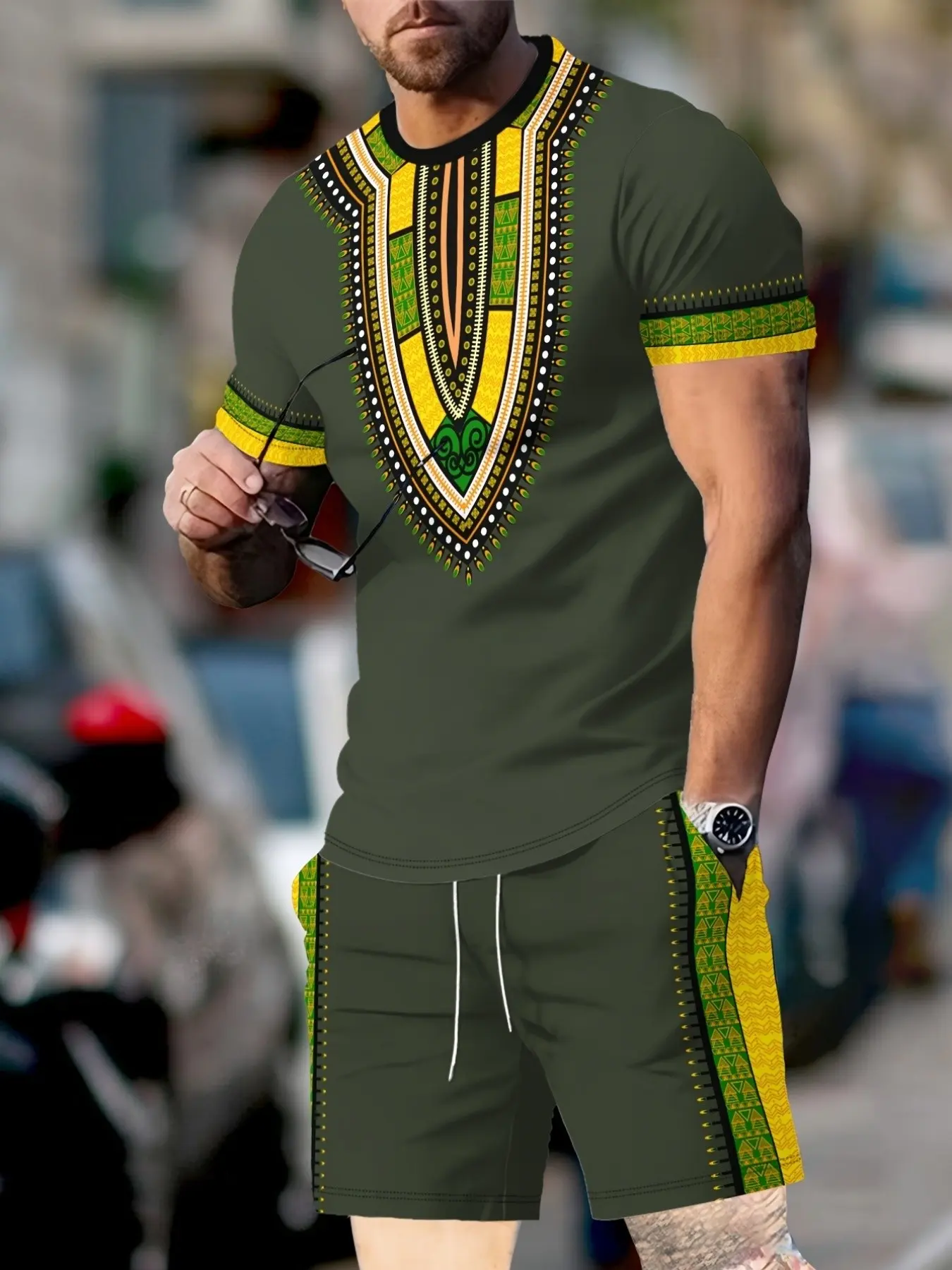 Men's African Ethnic Style Dashiki Print Two-Piece Set, Traditional Tribal Totem Short Sleeve Shorts Set, Travel/resort/casual/daily Wear