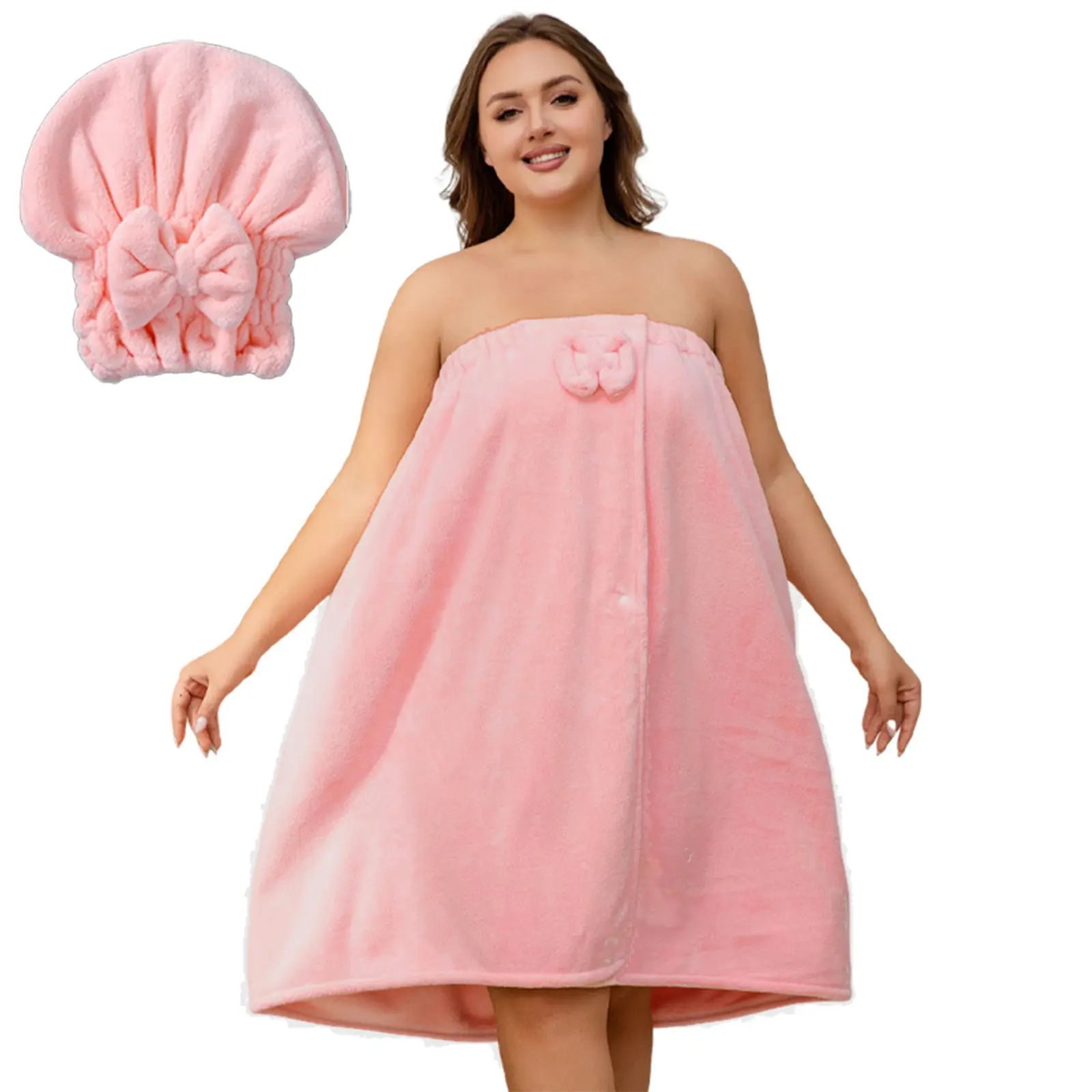 Plus-Size Bath Skirt & Quick-Dry Cap Set,Womens Wrap Towel Set,Wrap Shower Dress Towels with Hair Towel Bath Towels for Women's Bathrobe,Pink