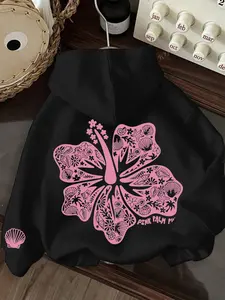 Women's Fashion Hooded Sweatshirt, Floral Flower Coconut Tree Print, Loose Fit, Thick Fabric, Fall & Winter Casual Streetwear, Korean Style