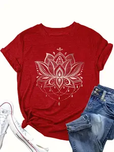 【Plus Size】 Lotus Graphic Tee, Boho Casual Crew Neck Short Sleeve T-shirt for Daily Holiday Vacation Wear, Women Clothing for All Seasons