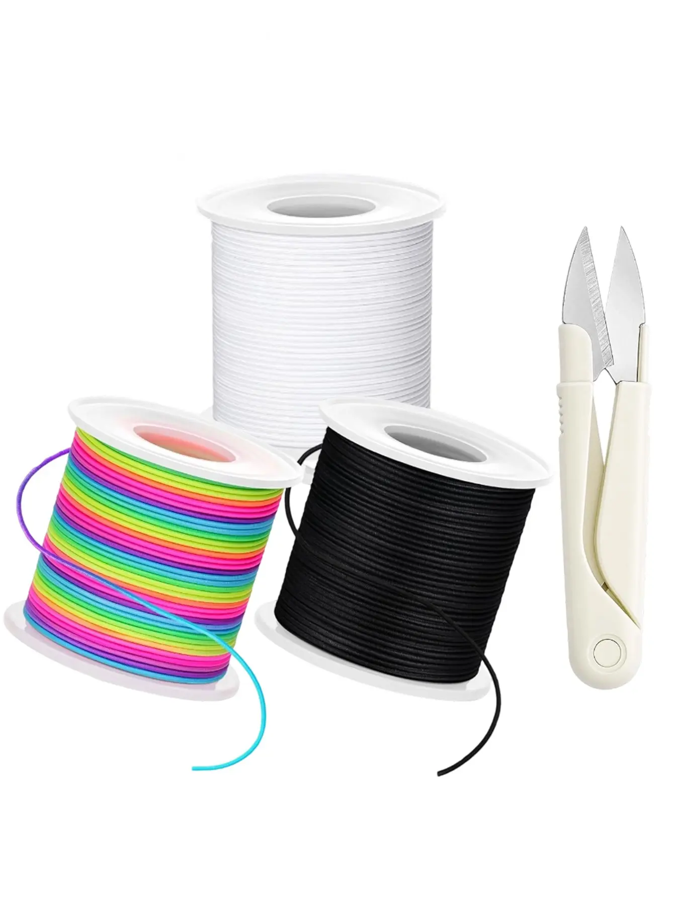 Stretchy Bracelet String Kit with Scissors, 3 Rolls Elastic String forDIY Crafts, imm Stretchy Cord for JewelryMaking Sewing Necklace Beading,495FT, Polyester Cord, Jewelry Making Supplies,(Black, White, Rainbow)