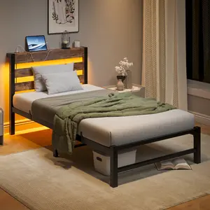 Twin Size Bed Frame Heavy Duty Metal Platform Bed Frame with Headboard, USB Charging Station, LED Bed, No Box Spring Needed, Mattress Foundation, Strong Steel Slats, Noise Free, Brown