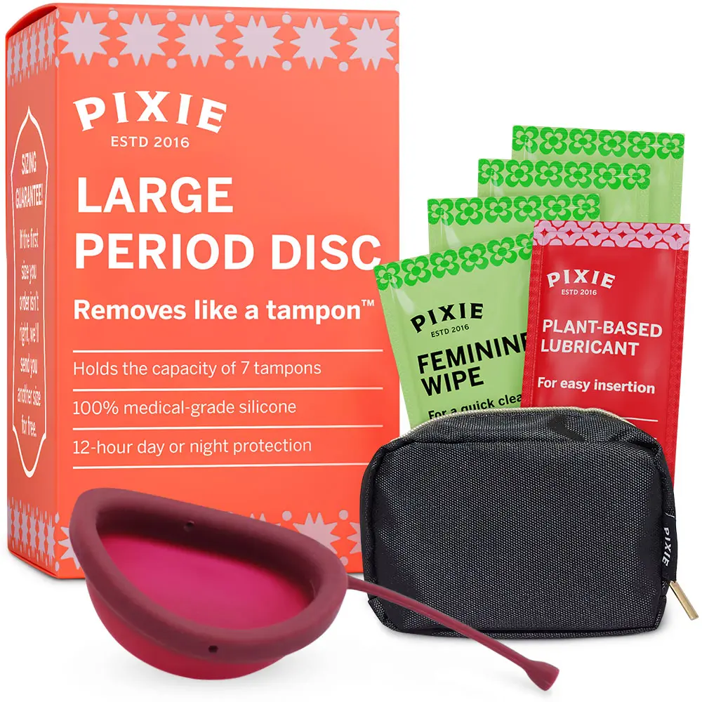 Pixie Menstrual Disc for Feminine Care - Ranked 1 for Best Tampon Alternative Period Disc - 100% Medical-Grade Silicone - Removes Like a Tampon - Wear 12 Hours - Capacity of 7 Tampons (Large, Plum)