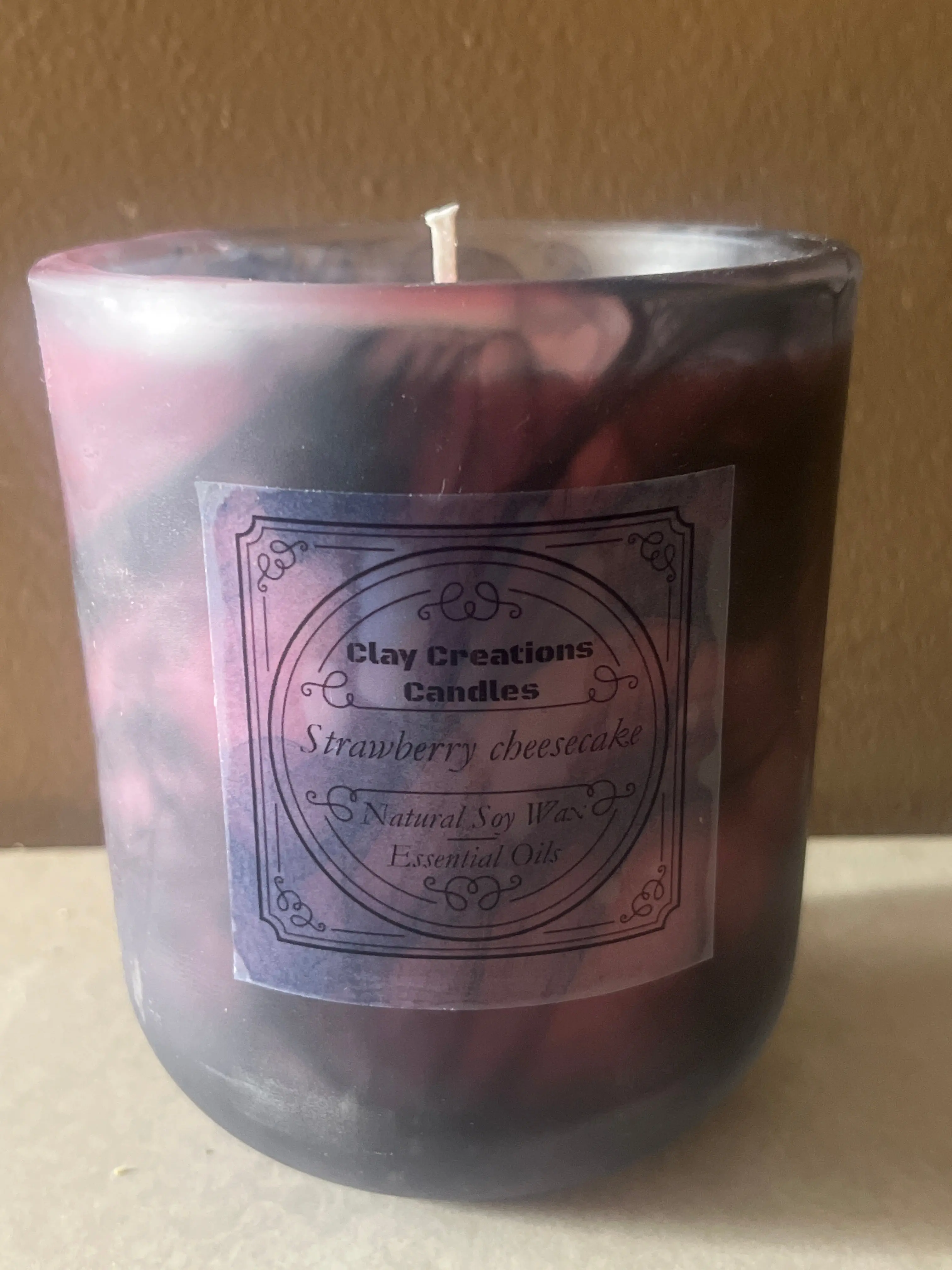Strawberry Cheesecake 12oz Soy Candle- Fancy Black Swirl Jar