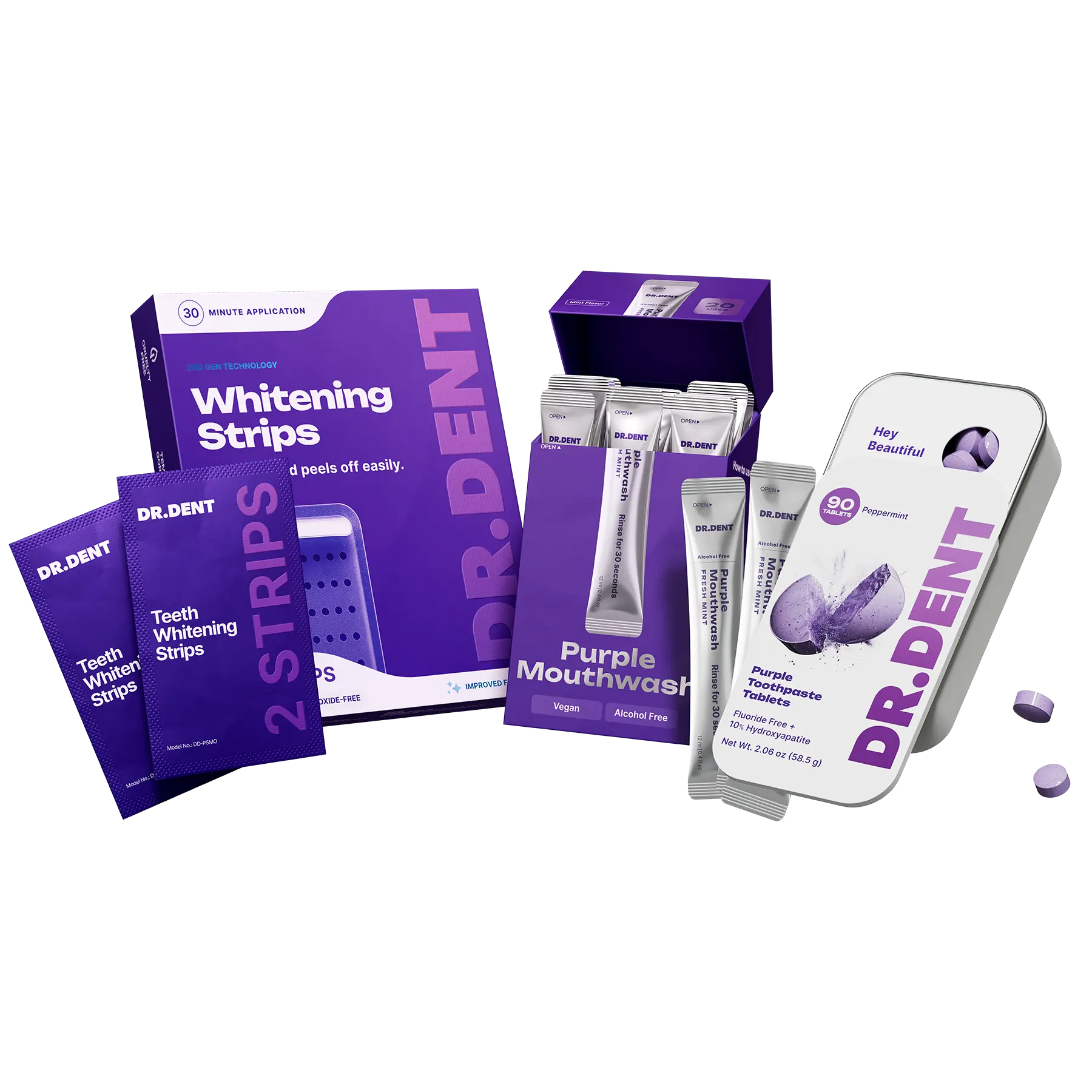 DR.DENT The Purple Routine - 3-Step Purple Whitening Routine - Strips [7 Sessions] + Mouthwash [20 Uses] + Toothpaste Tablets [90 Tablets] - Peroxide-Free, Fluoride-Free, Vegan
