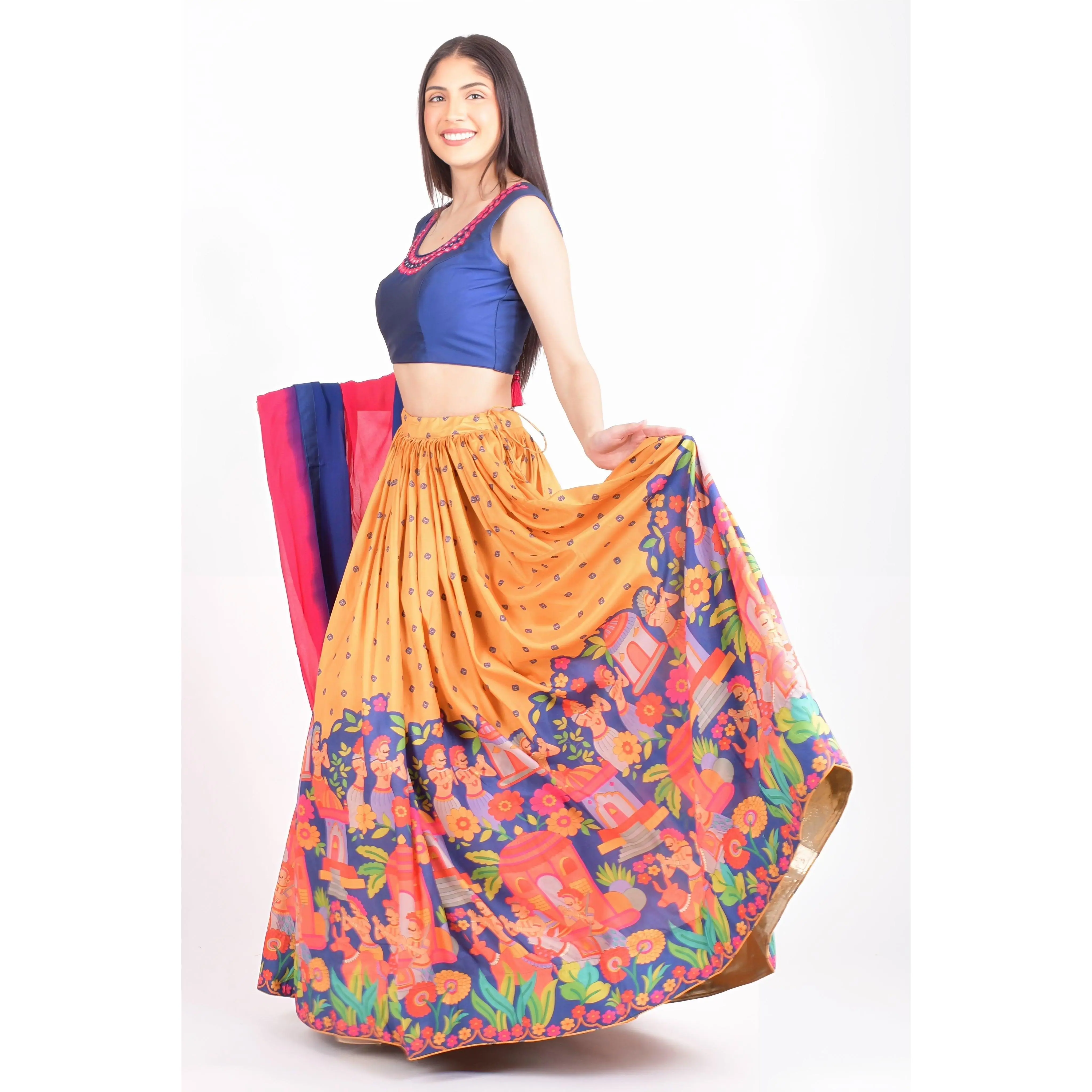 Blue and Yellow Lehenga Choli Set with Shaded Dupatta