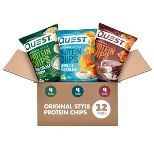 Quest Protein Chips Snack Variety Box - Non-Fried, Gluten-Free, Kosher, Ambient, High-Protein, Low-Carb Crunchy Snacks (BBQ, Cheddar & Sour Cream, Sour Cream & Onion), 1.1 oz (Pack of 12), Contains Milk, Ideal for Cupboard Storage