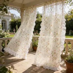 2 Panels Camellia Flower Ruffled Sheer Curtain, Top Rod Hanging, Smooth Texture, French Romantic Style, Suitable for Living Room, Balcony, Bedroom, Floral Sheer Curtains