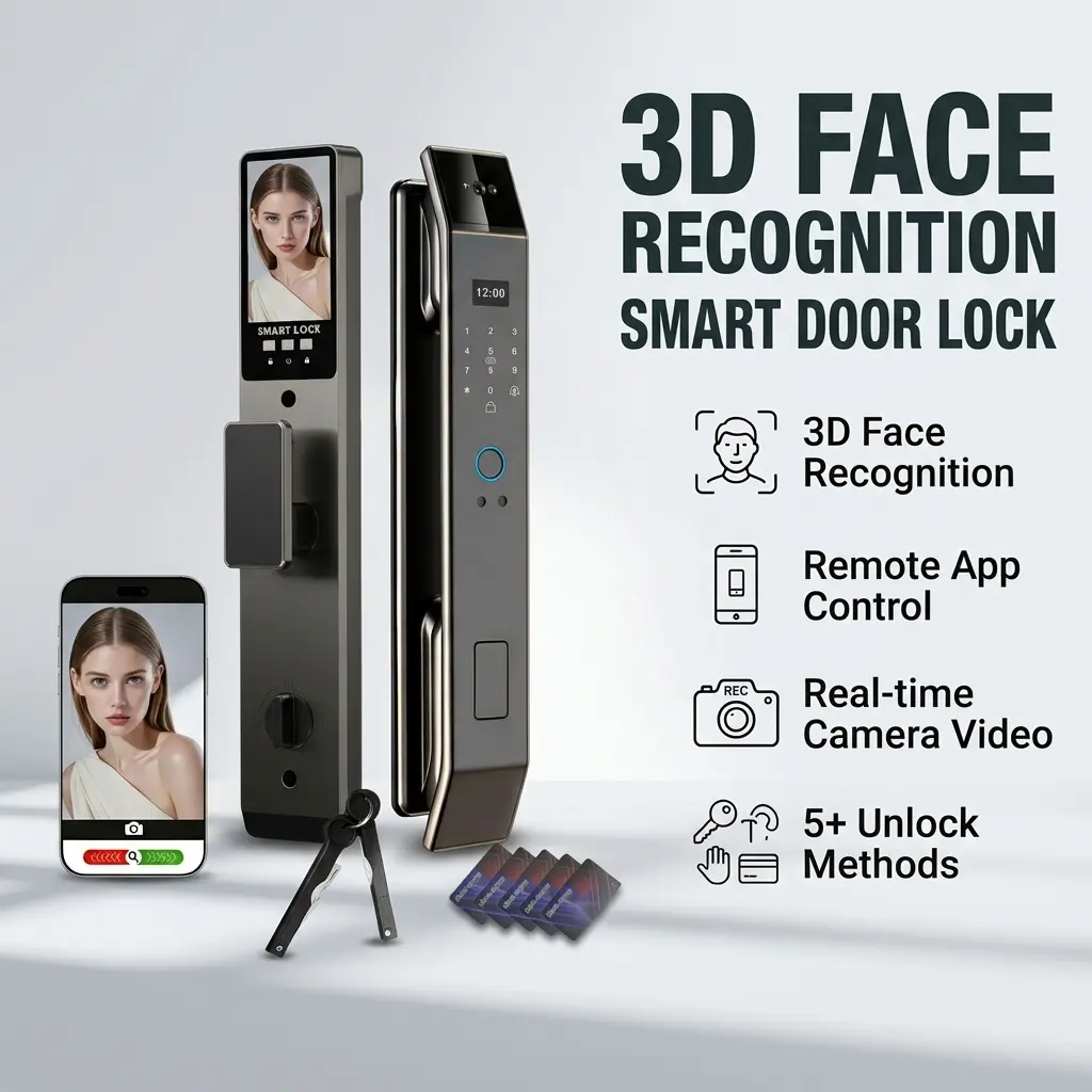 3D Face Recognition Smart Door Lock - Alloy Body Digital Lock with Camera, Intercom, Doorbell, Fingerprint Keyless Entry, Password, IC Card, Key, Tuya App Control, Night Vision for Home Front Door Security Hardware