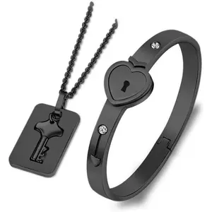 ORPHIC Heart Lock Bracelet & Key Matching Necklace Set ,316L Stainless Steel Unisex Jewelry Locket