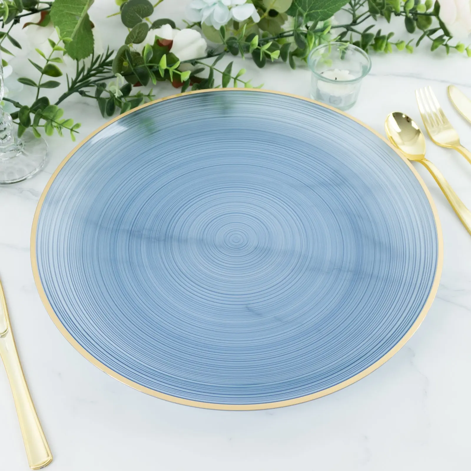 20 Pack 13 in Economy Plastic Charger Plates - Transparent Dusty Blue Swirl Design with Gold Rim, Elegant Plastic Resin Party Plates for Holiday Party, Elegant Plastic Plates