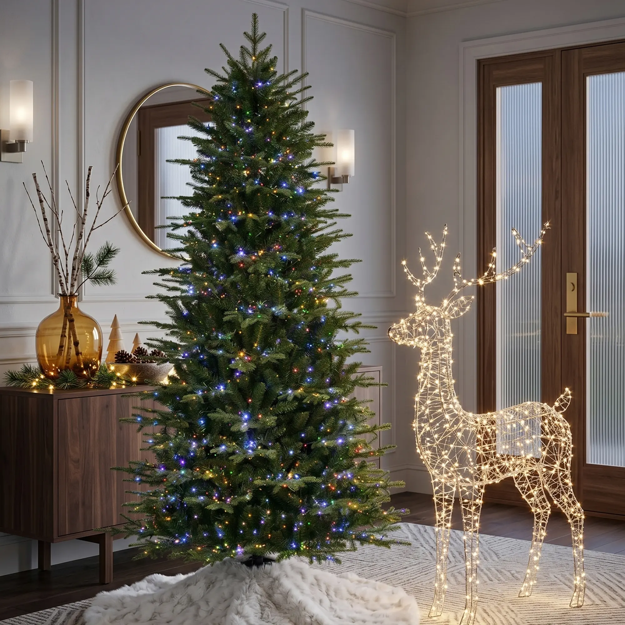 Glitzhome 7.5ft/9ft Pre-Lit Green Full Fir Memory wire Artificial Christmas Tree with Micro Lights, 10 Function, Remote Control, Timer With Memory Function, Foot Pedal