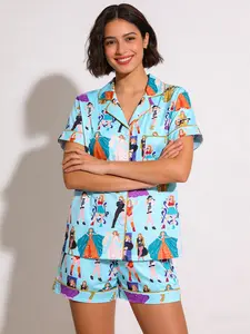 Women's Sleepwear Set, Singer Printed Short Sleeve Shorts, Spring Summer Fall Casual Home Wear, Fitted All Seasons Loungewear, Pajama Set, Pockets