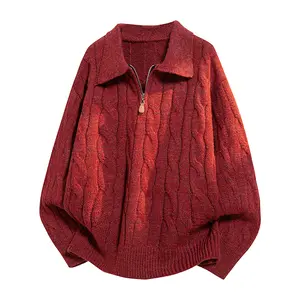 Unisex Solid Color Polo Shirt with Collar, Fashionable Cable Knit Long Sleeve, Quarter Zip Stand Collar Knitwear, Casual Knit Top, Comfortable High-Quality Fabric, High Street College Style Outdoor Apparel, Half Placket Jacket, Valentine's Day Gift