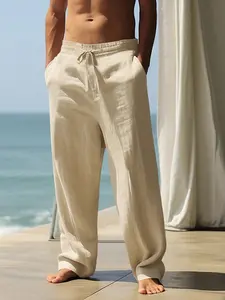 Men's 95% Linen Casual Beach Pants | Breathable Elastic Drawstring Waist Loose Trousers for Vacation Travel Daily Wear#SummerVibes