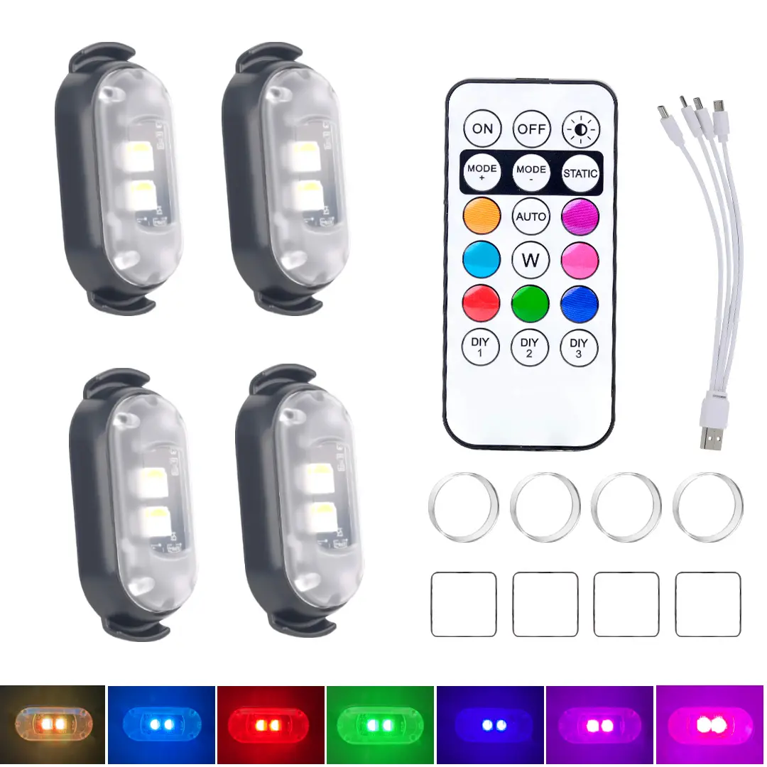RGB LED Wireless Aircraft Strobe Lights With Remote Multi Color Flash Warning Light Rechargeable Anti-collision Lamp for Motorbike Automobile Bicycle Drone Helicopter