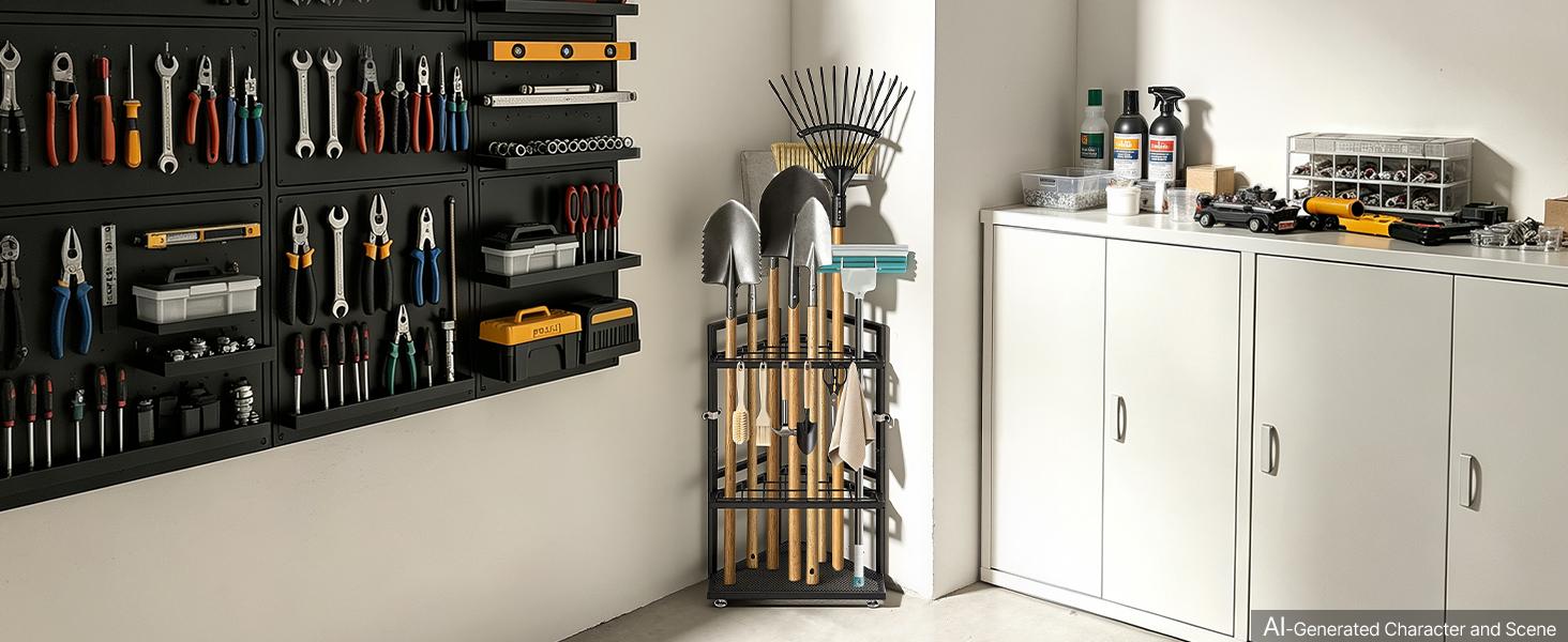 VEVOR Garden Tool Organizer for Corner, 17 Slots, Metal Garage Storage Rack, for Rakes/Shovels/Brooms, Yard Utility Tool Holder for Shed/Outdoor/Lawn Organization, Heavy-Duty Steel, with Hooks, Black