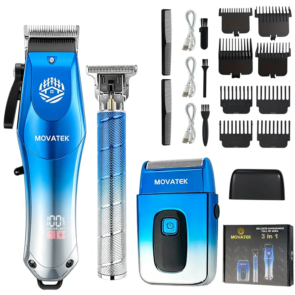 MOVATEK 3pcs Men's Electric Professional Hair Clippers&Trimmer Kit USB Rechargeable, Hair Trimmer with LED Battery Status Adjustable Limit Comb Set With Hair Clipper Electric Shaver, Detail Trimmer, Ideal Valentine Gift ,Holiday Gift For Dad For Boyfriend