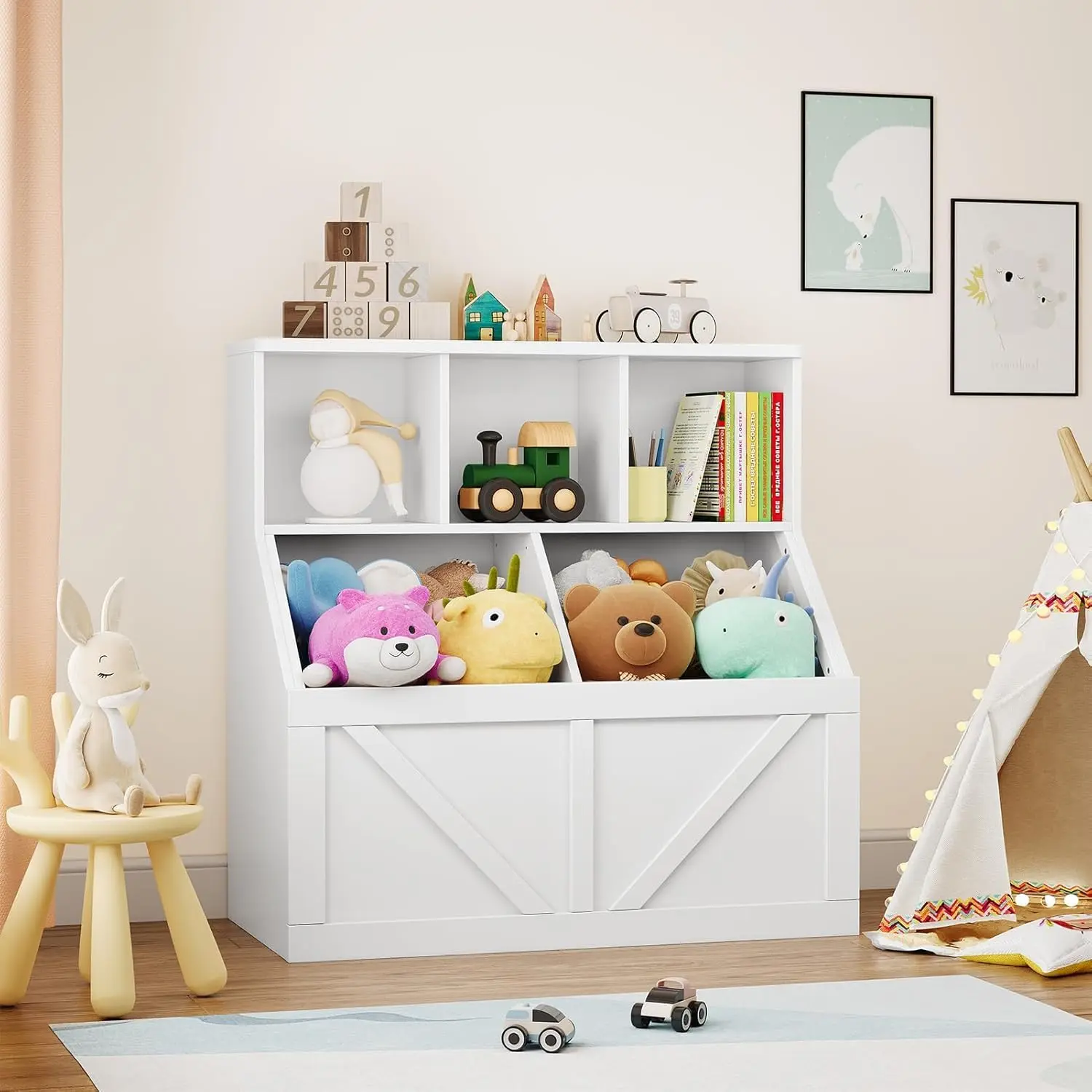 Antique White Kids MDF Board Toy Storage Unit Cubby Shelf - 6 Open Cubbies, 1 Spacious Top Shelf, Rectangular, 35.4x16.5x36.2 In, Durable Safe Floor-Mount with Boxes, Easy Setup, Assembly Required, for Boys and Girls, Books, Toy Organization, Kids Rooms