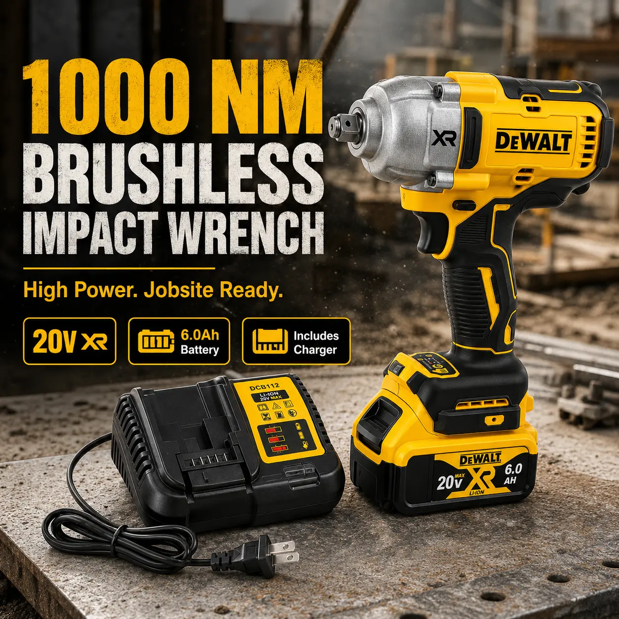 DEWALT 20V Brushless Cordless Impact Wrench - 1/2" Hog Ring Anvil, High Torque Hand Tool with 1/2 Universal Battery, for Construction, Maintenance Hardware Projects, Batteries