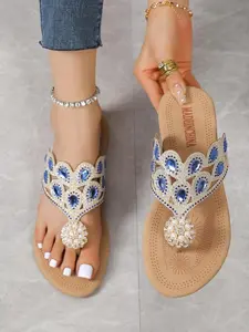 Fashion Blue Rhinestone Decorated Toe Thong Boho Style Sandal, Bohemian Trending Sandals, Casual Versatile Flat Sandals for Summer, Lightweight Breathable Comfortable Shoes for Daily Wear, Women Footwear