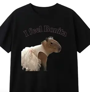 Unisex I Feel Bonita Tutu Crown Capybara Viral Cute Meme Graphic T-Shirt, Printed Craft summervibes Casual Top, Trendy Pretty Rodent Princess Portrait Tee For Women, Relaxed Fit Soft Breathable womens summer clothing summer outfits women