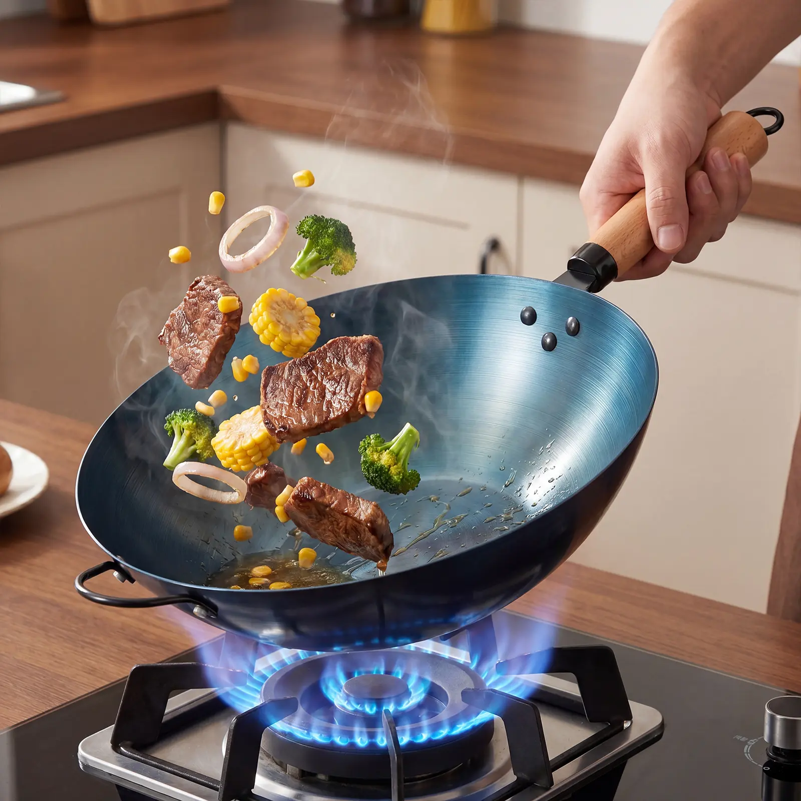 13.8 Inch Pre-Seasoned Carbon Steel Wok, Non-Stick Blue Finish Stir Fry Pan with Wooden Handle & Helper Loop, High Heat Resistant for Gas Stove & Chinese Home Cooking