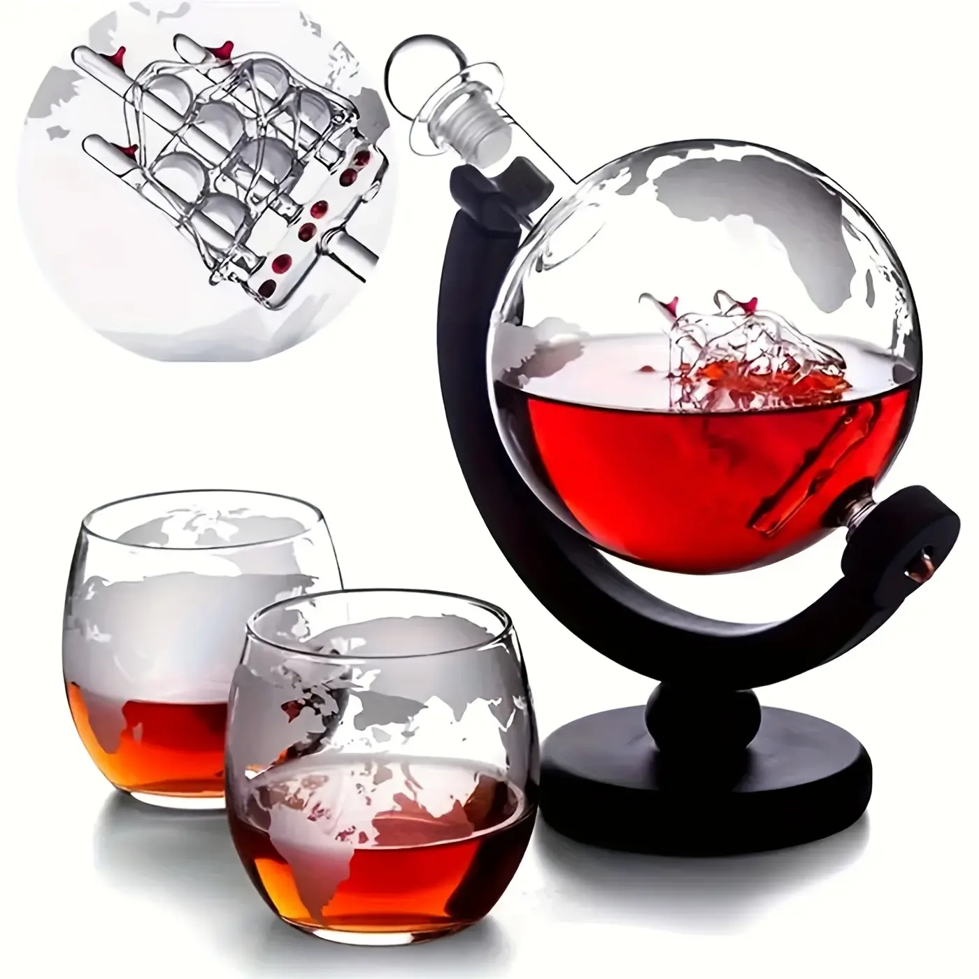 [Luxury Wine Set] Luxury Wine Accessories, 1 Set Globe Wake-up Set with 2 Cups And 1 Wooden Frame - Whiskey, Vodka, Perfect Gift for Men And Women, Essential for Home Bars, Wine Lovers