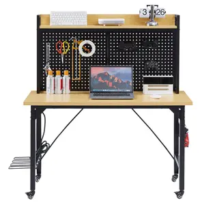 48'' Yellow+Black Adjustable Workbench, 121.9cm Heavy Duty Workbench with Wheels, 1600lb Load, Pegboard & AC/USB Outlet for Garage, Workshop