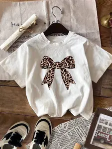 Women's Leopard Bow Print Round Neck Tee, Classy Casual Short Sleeve T-shirt for Summer, Ladies Clothes for Daily Wear Top, Casual Summer Style, Womenswear