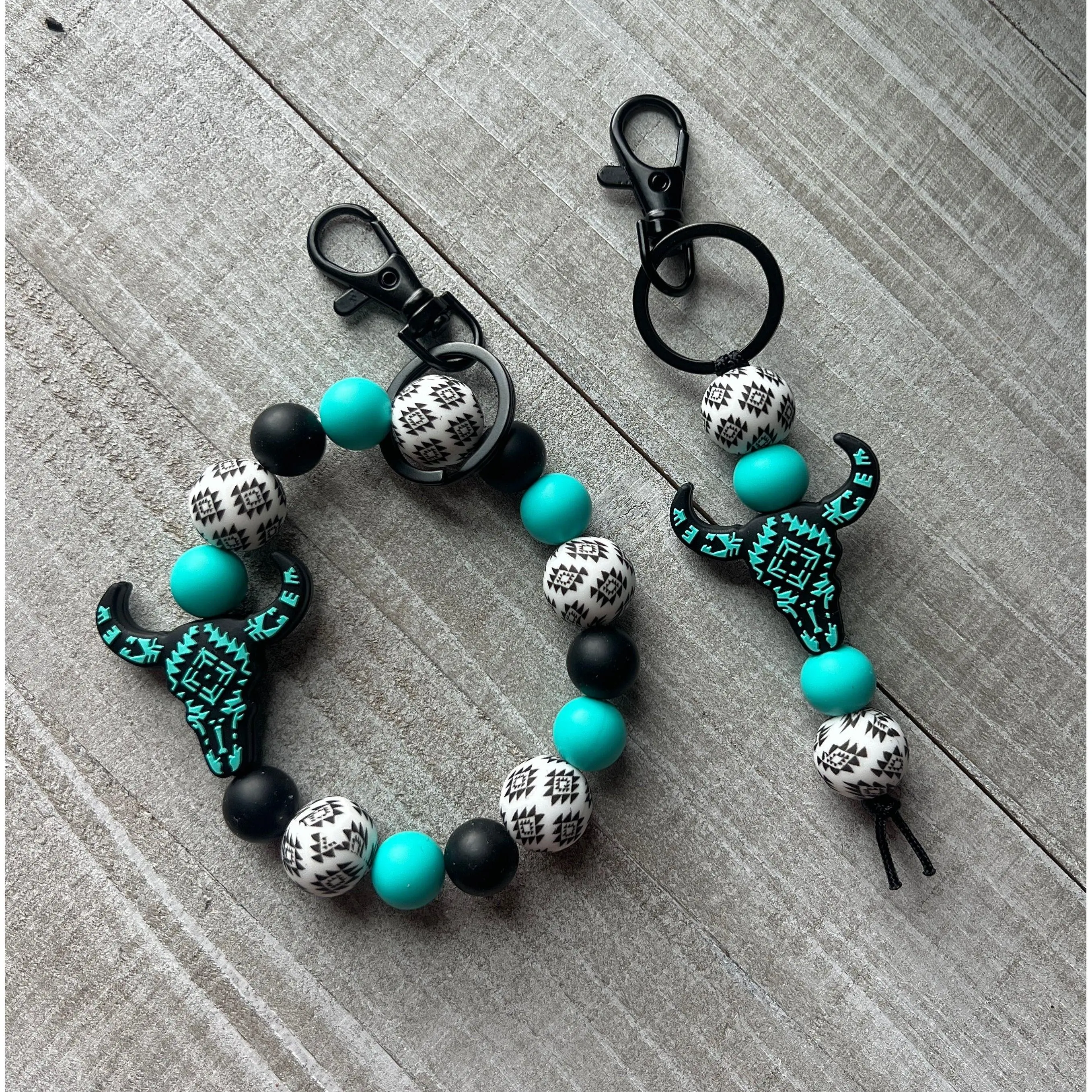 Turquoise/White Aztec Cow Skull Keychain Set
