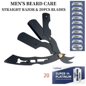 Professional Straight Edge Razor-Classic Safety Model with 20 Blades,Precision Beard Grooming Set anti-slip design manual shaving easy replacement Folding Dermaplane Facial Razor Stainless Steel Professional Barber Razor metal Reusable Sleek men kit