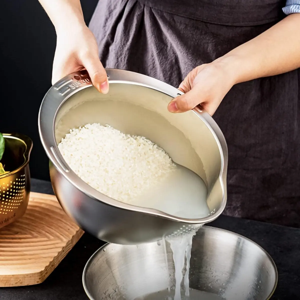 Stainless Steel 4-in-1 Colander - Corrosion-Resist Kitchen Tool, Rice Washer Strainer Bowl with Even Holes for Quinoa, Fruit & Veg Wash, 4‑In‑1 Kitchen Tool