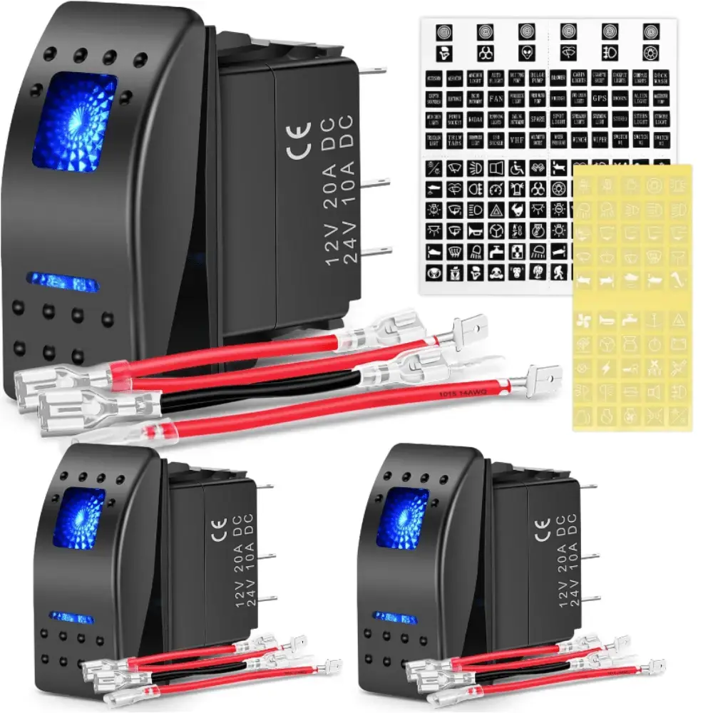 Nilight 3Pcs 5-Pin SPST On/Off Toggle Rocker Switches - 1.43in x 0.84in Waterproof ABS Electrical Accessory with Blue LED Lighting, 12V 20A/10A/24VDC, Universal for Car, Truck, Yacht, Outdoor Lighting, DIY Sticker Compatible