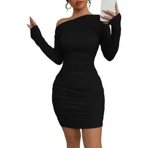 Fall Off The Shoulder Dresses for Women 2025 Long Sleeve Ruched Bodycon Cocktail Party Mini Dress
