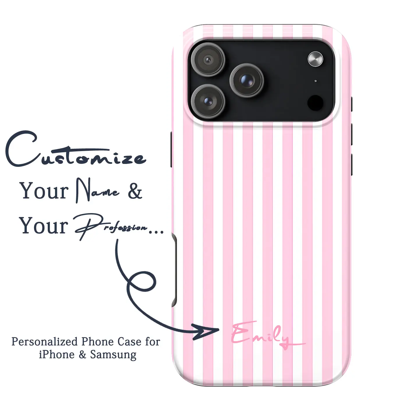 Personalized TPU Cellphone Casing - Custom Name & Monogram, Aesthetic Glossy Double-Layer Pink Vertical Bar Pattern, Slim Stripe Accessory, Protective Shockproof Durable Cover for iPhone & Samsung Smartphones