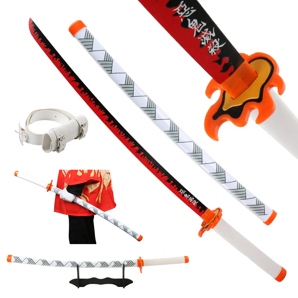 ELERVINO Cosplay Sword, 41-Inch Bamboo Anime Katana of Demon Slayer Rengoku Kyoujurou, Role-Playing Prop with White Belt and Holder for Collection, Role-Playing Props, Birthday Halloween Christmas Gift New Year