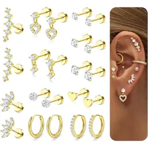 CASSIECA Women's 20G Surgical Steel Fashion Earrings Set - Non Tarnish Flat Back Studs & Hoops for Cartilage, Daith, Conch, Tragus, Helix Piercings