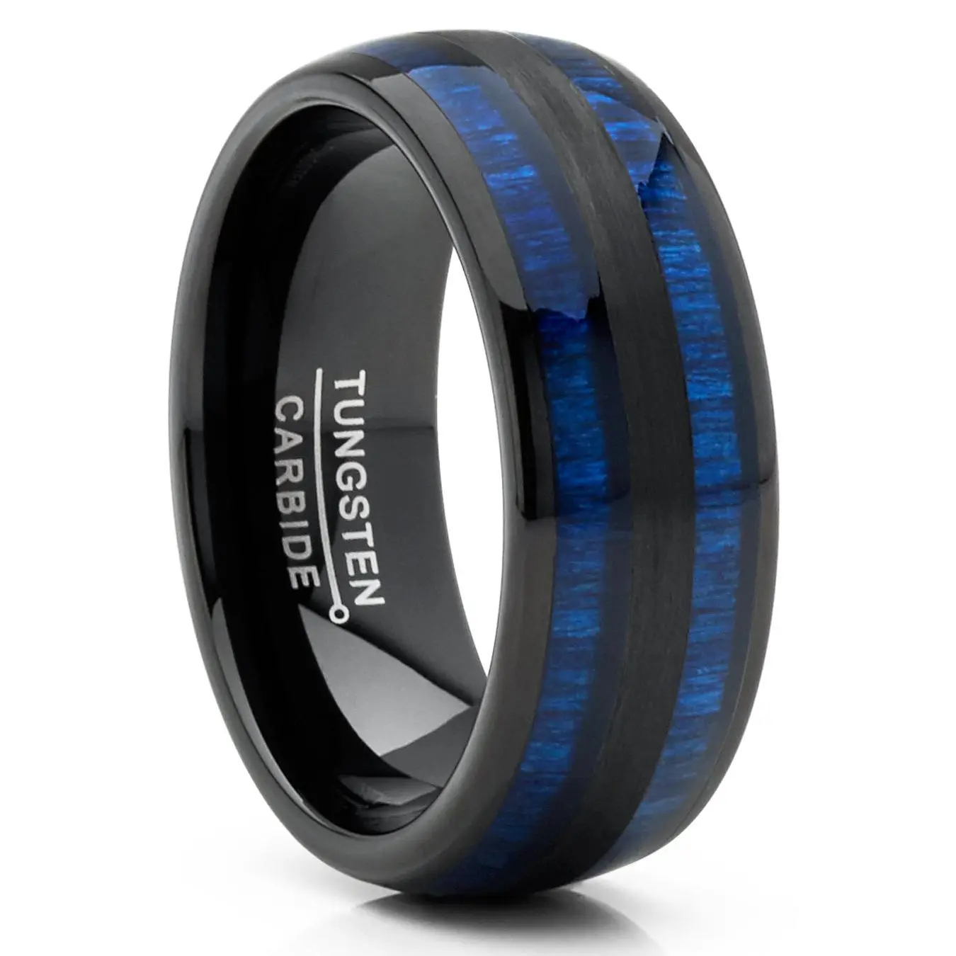Men's 8MM Dome Tungsten Carbide Metal Ring - Hypoallergenic Wedding Band with Real Blue Wood Inlay, Adults' Engagement Ring