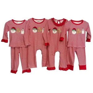 Matching Family Christmas Pajamas - Embroidered Santa Claus & Cookie Milk - Red Striped Long Sleeve Set