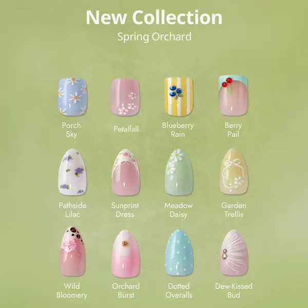 [Buy 1 Get 1 Free Glue]BTArtbox Press On Nails Short - Spring Orchard, Easy-to-Apply 3D Flower Fruit Almond Square French Tip Press On Nail with Glue and Adhesive Tabs in 16 Sizes - 32 Nails All-in-One Kit, Summer Finds Vacation Party
