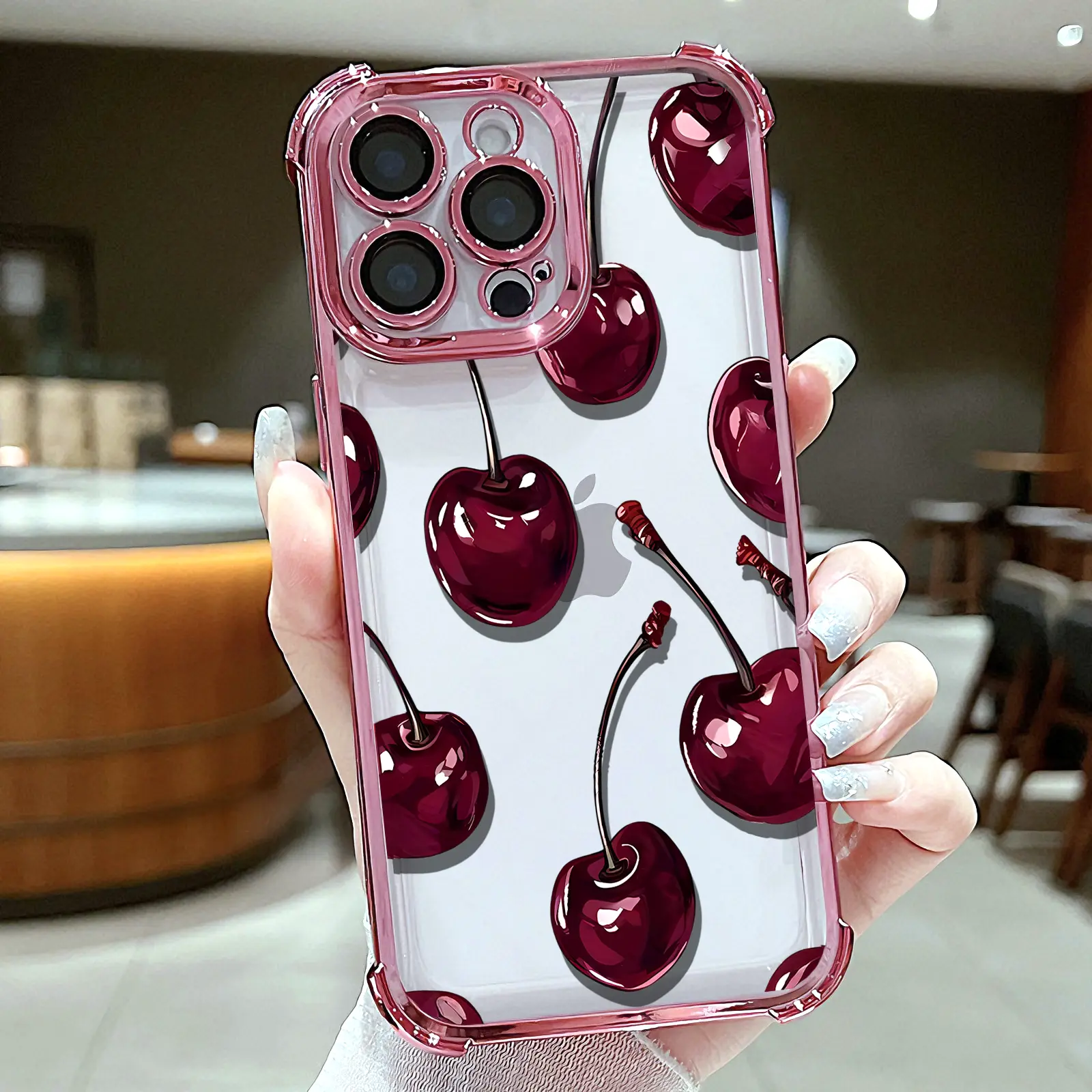 Sexy Wine Cherry Pattern Smartphone Case - Electroplated Handheld Cellphone Cover with Airbag Shockproof Soft TPU Protection for iPhone X/11/12/13/14/15/16/17 Pro Max Plus Devices for Girls, Casing
