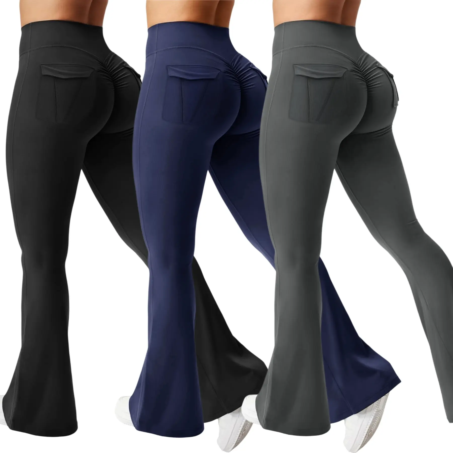 3PCS Women's High-Waisted Boot Style Carved Pleated Buttocks Flare Leggings Stretch Training And Fitness Flared , Super Comfortable Daily Pants shapewear leggings Gym Exercise Leggings