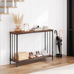 Narrow Console Table with 2-Tier Storage Shelves, Industrial Sofa Side Table with Metal Frame and Wood Top, Open Display Stand for Hallway, Living Room, Foyer, Office, Bedroom