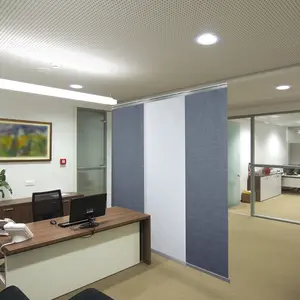 3-Panel Single Rail Panel Track Blind Extendable 36"-66"W x 91.4"H, Panel width 23.5", Spruce, Embroidered Cadet