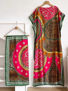 Elegant Casual Boho Bohemian Style Long Robe Set, Multicolor Leopard Print Shawl Dress + Headscarf Scarf, Women's Beach Sun Protection Satin Silk Elegance
