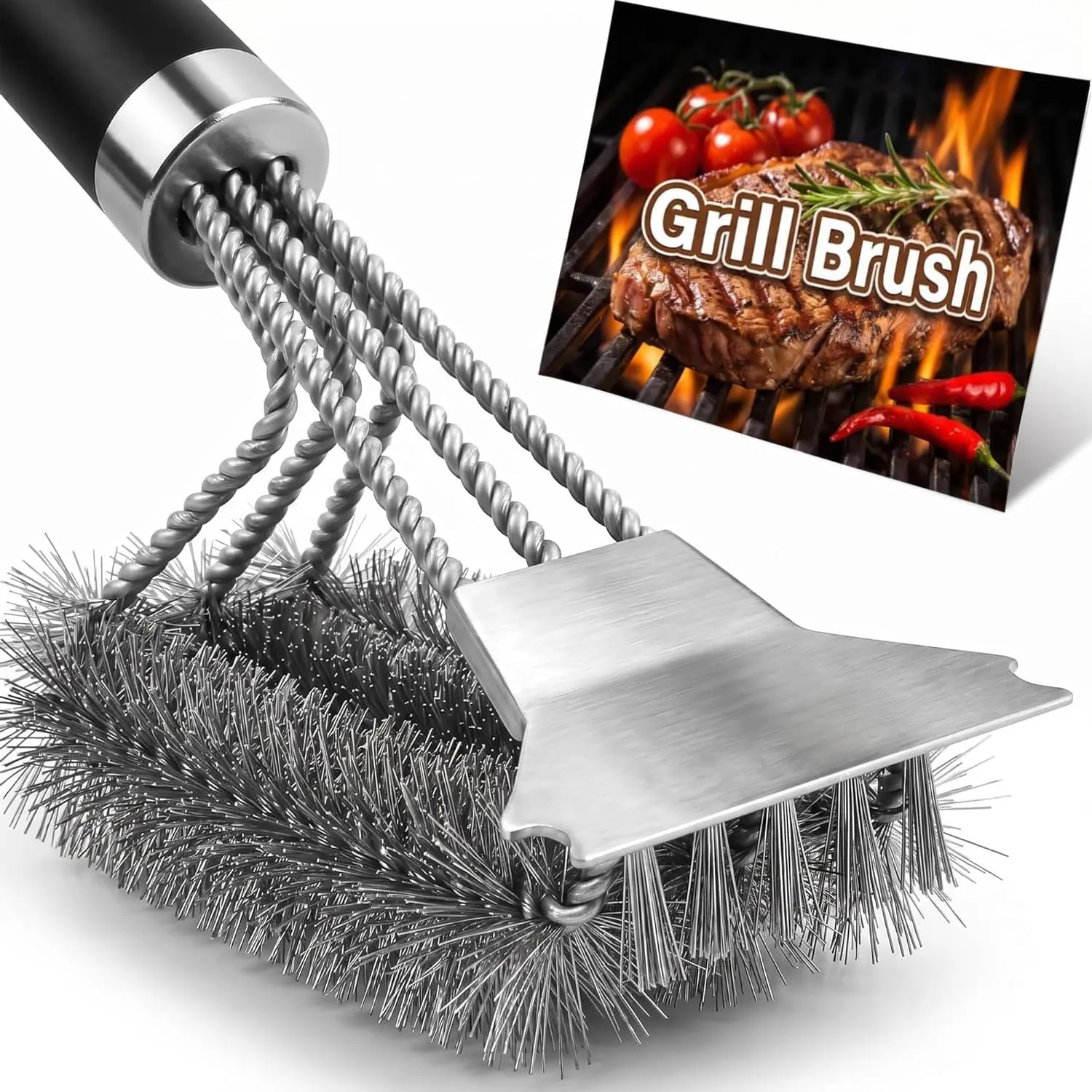 Grill Brush with Detachable Handle, Non-Slip BBQ Grill Brush for Outdoor Grill, 18 Inch Stainless Steel Grill Cleaning Brush with Scraper, Space Saving Grill Cleaner for Gas/Charcoal Grates