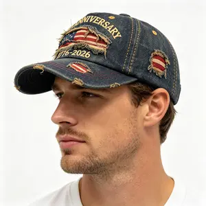 [New Upgraded] 250th Anniversary 1776-2026 America Patriotic Baseball Cap - Vintage Washed Distressed Denim, Embroidered American Flag, Adjustable Unisex Hat for 4th of July Independence Day